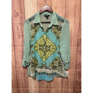 BCX Large NWT button up blouse shirt top blue green women’s